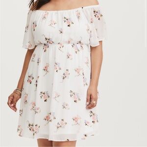 Torrid White Floral Chiffon Off the Shoulder Skater Dress, Size 1